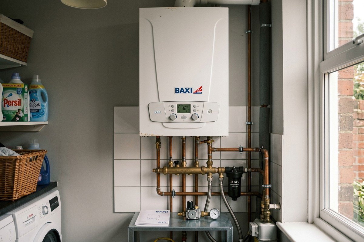 Real photograph of Baxi boiler with solid brass pipework in home
