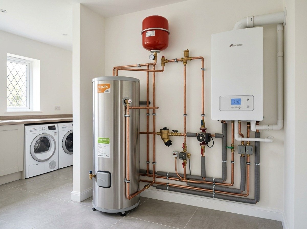 Real photograph of modern system boiler and unvented cylinder installation in Glasgow home