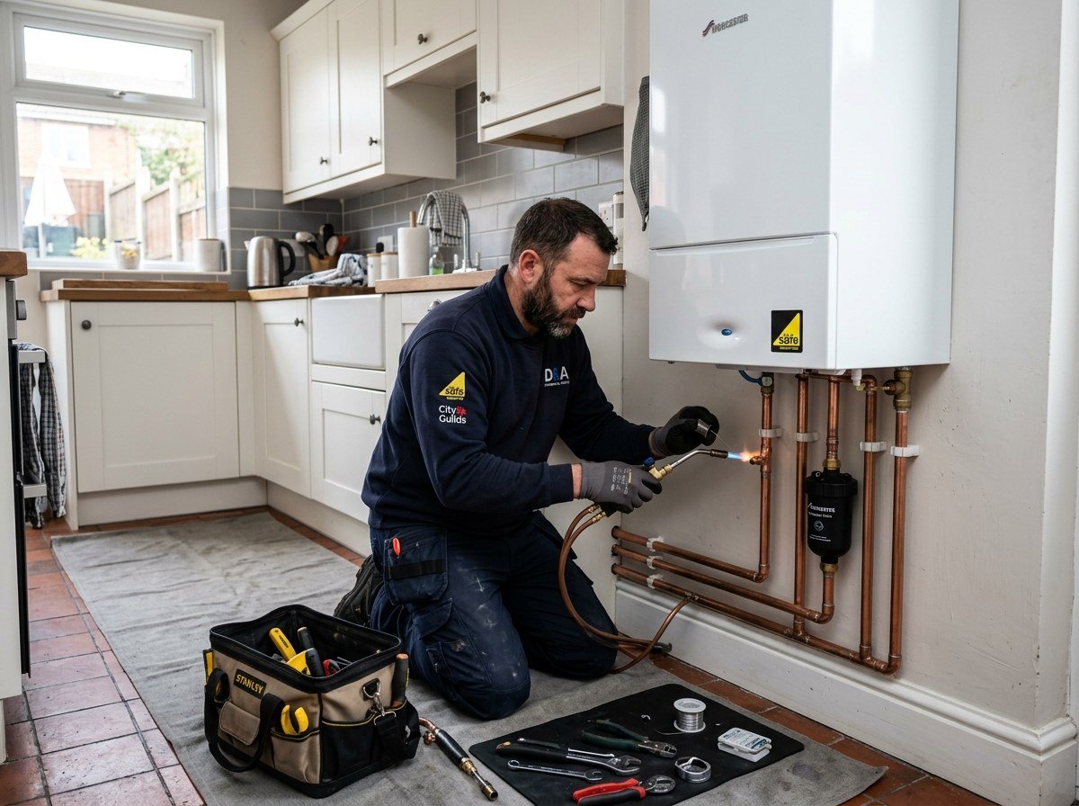 Professional Gas Safe heating engineer installing a modern combi boiler with soldered copper pipework in Glasgow home