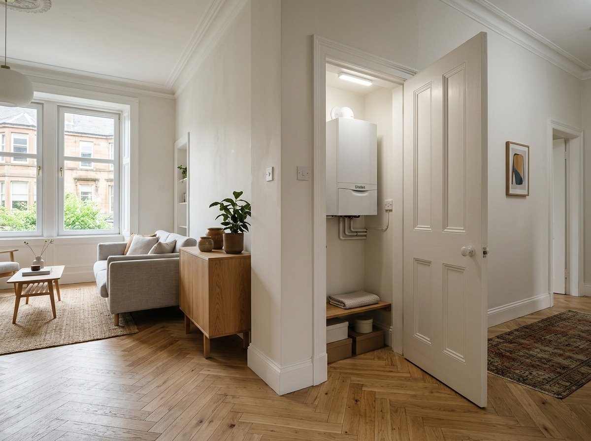 Real photograph of contemporary Glasgow apartment with electric boiler neatly integrated into hallway storage cupboard
