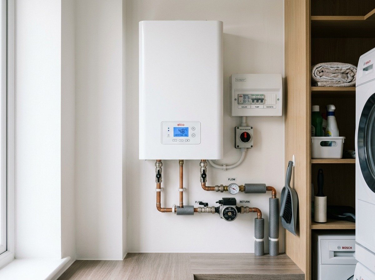 Real flueless modern electric boiler installed in Glasgow domestic apartment