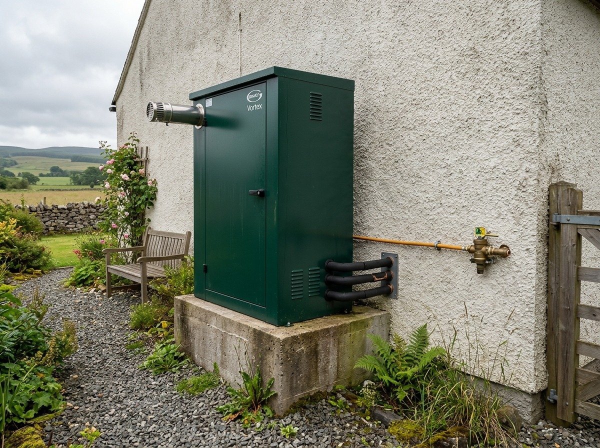 Real Grant Vortex external weatherproof oil boiler cabinet in Scottish home