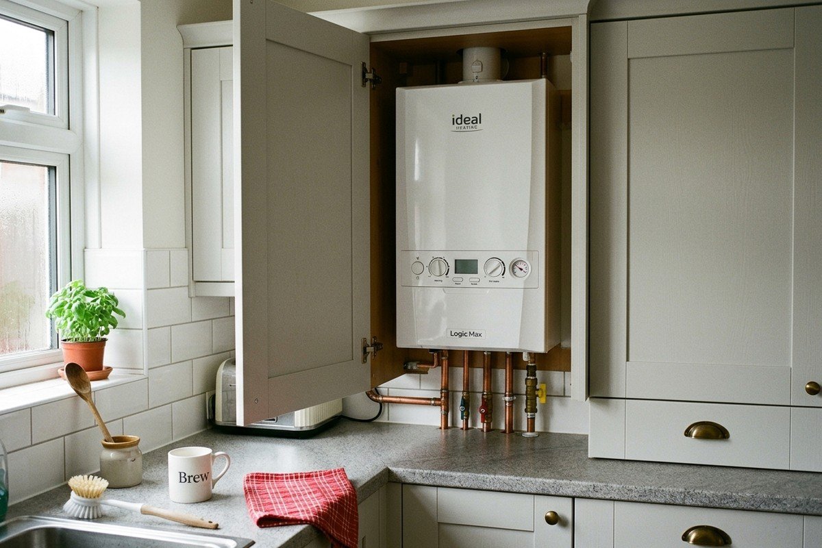 Real photograph of Ideal Logic boiler installed in standard kitchen cupboard