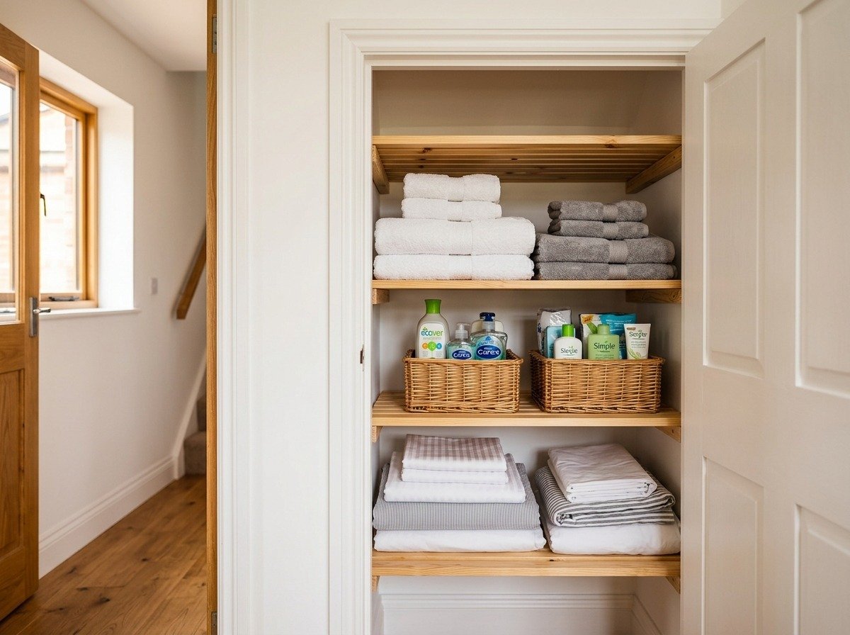 Reclaimed Glasgow hallway airing cupboard converted to neat slatted linen storage after combi boiler conversion