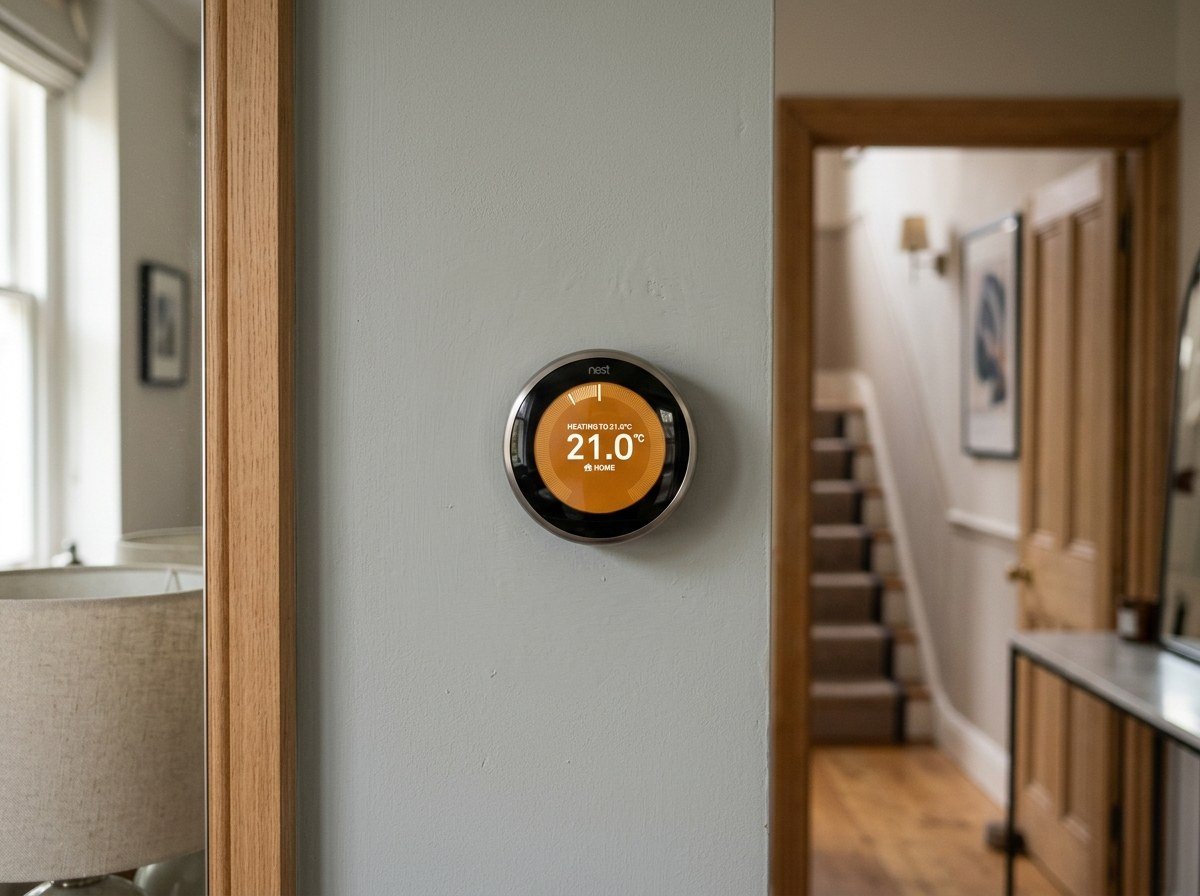 Real photograph of Google Nest Learning Thermostat installed on living room wall