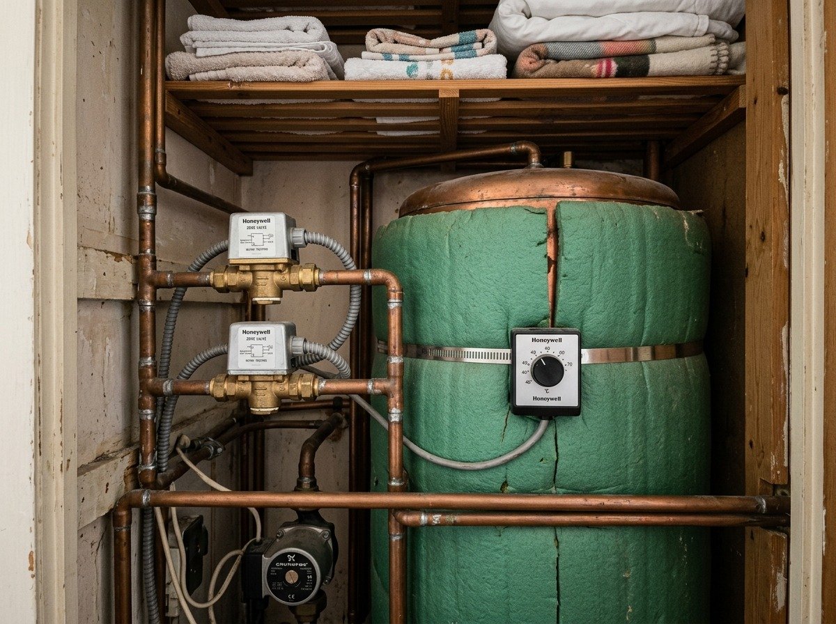 Real photograph of traditional British airing cupboard with foam-lagged copper cylinder and Honeywell motorized zone valves