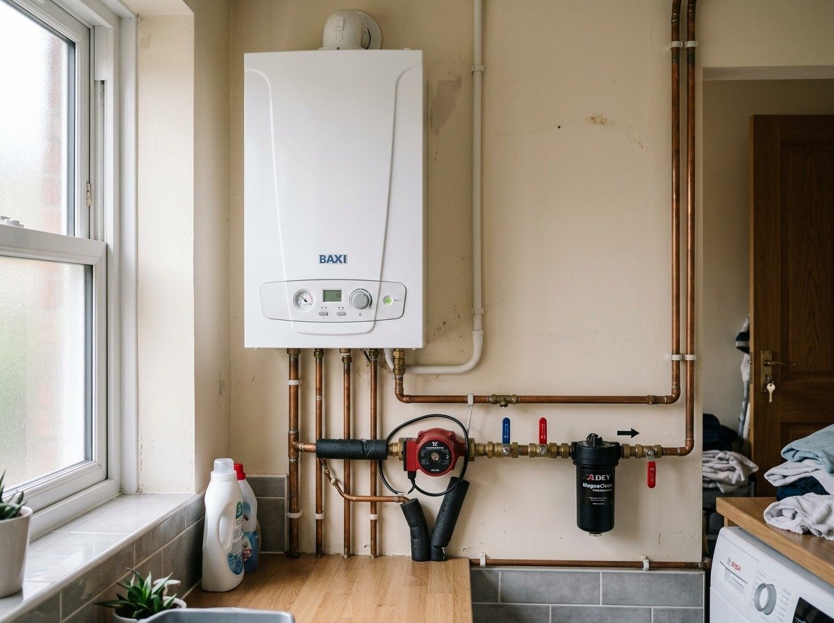 Real traditional regular heat-only boiler installation preserving heritage pipework in Glasgow