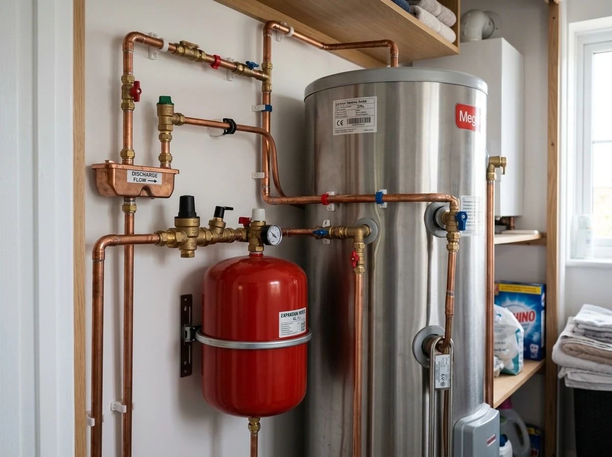 Close-up detail of unvented stainless steel cylinder installation with red expansion vessel and pressure valves
