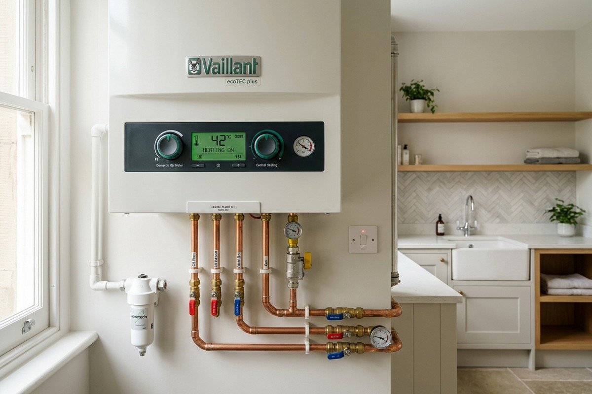 Real photograph of Vaillant ecoTEC stainless steel boiler installed on domestic wall in Glasgow