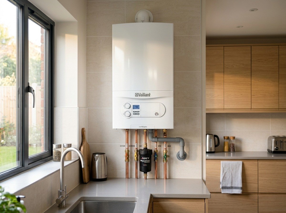 Real photograph of modern wall-mounted combi boiler installed in domestic kitchen setting